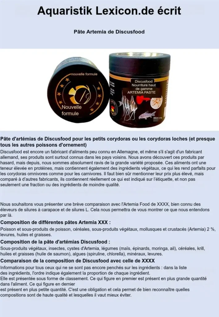 Pâte d'artémias de Discusfood - Avis sur Aquaristik Lexikon DE