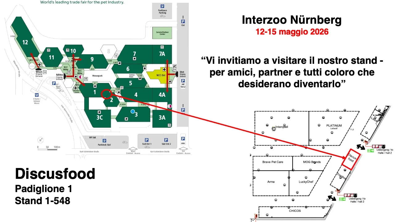 Mappa dell'Interzoo Norimberga 2026 – Come raggiungere Discusfood Padiglione 1, Stand 1-548