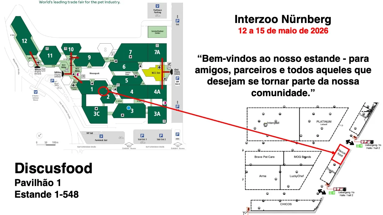 Plano da Interzoo Nuremberga 2026 – Como chegar à Discusfood Pavilhão 1, stand 1-548